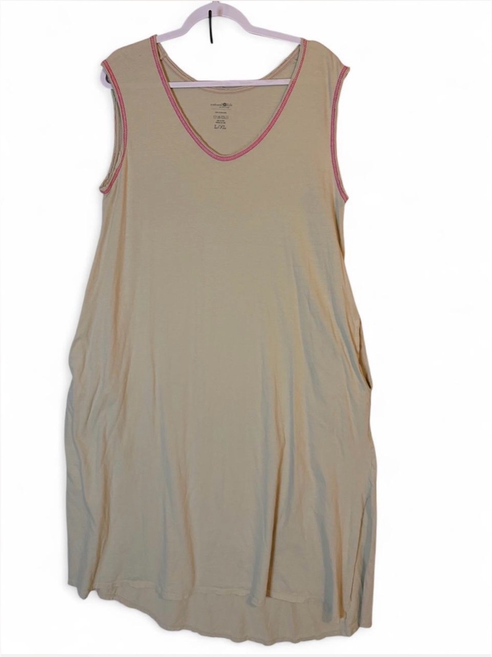 NATURAL LIFE Light Green l Sleeveless House Dress with Pink Stitching Size L/XL